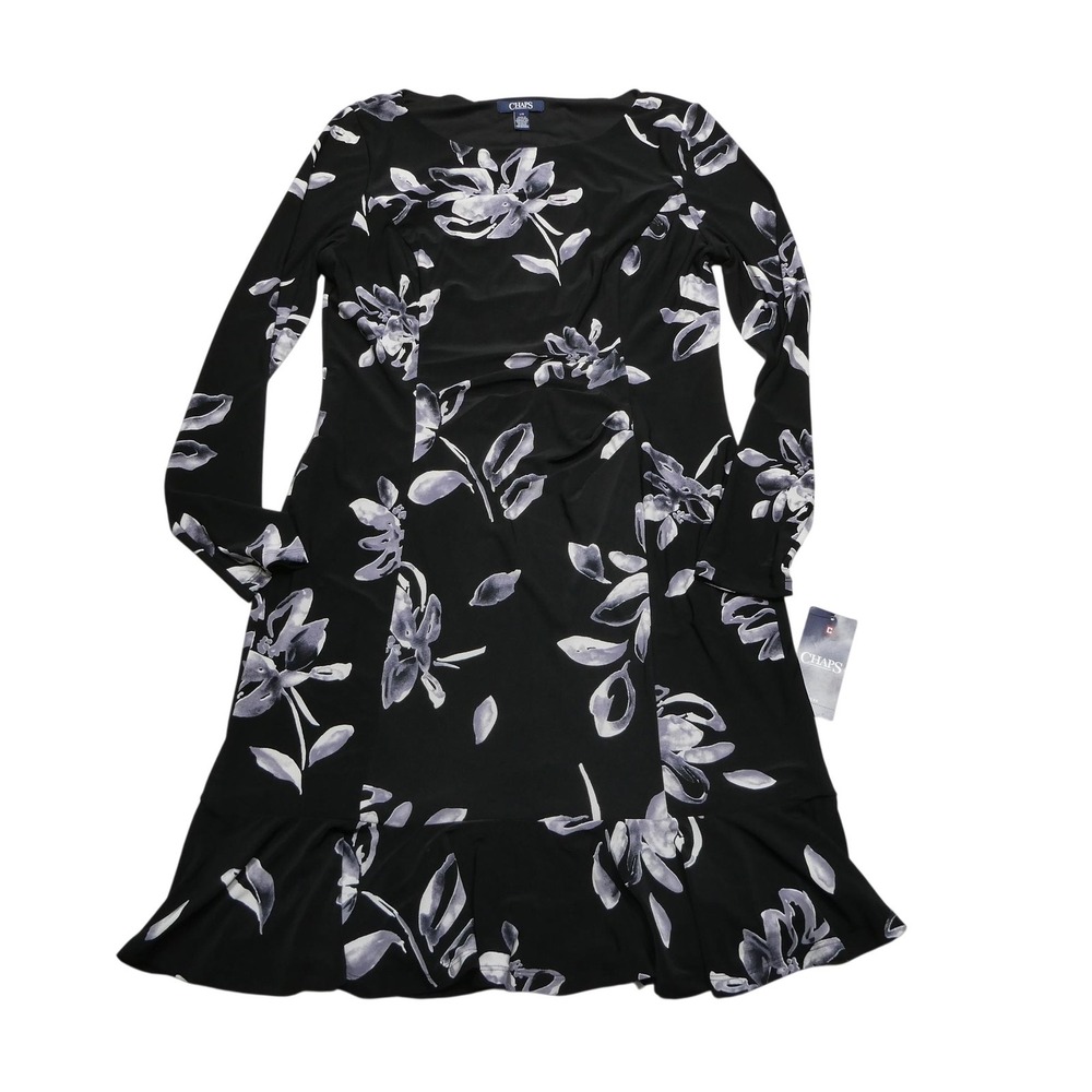 Chaps Dress Womens Large Black Floral Long Sleeve Jersey Sheath Ruffle Hem
